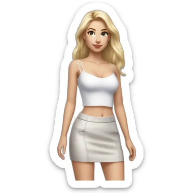 hyperrealistic caucasian long blonde hair brown perfect eyes woman white v-neck strapless top gray tight mini skirt walking towards camera sticker