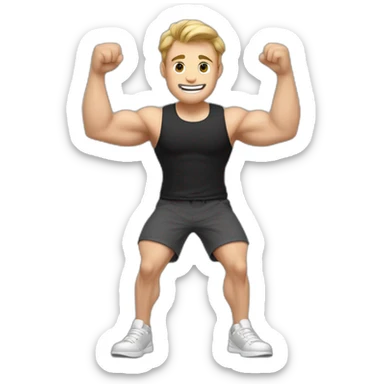 To belt Actively gesturing with hands Pale skinned Fit Man With the biceps and light brown hair in black shirt, gray sports shorts and white Sneakers sticker