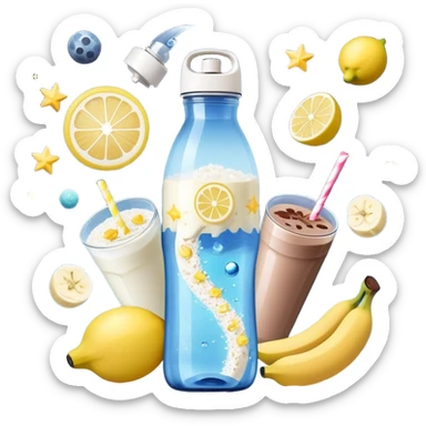 Ethereal daily routine galaxy: water bottle with lemon, sun, rice and chicken, banana and protein shake, dumbbell, yogurt cup, fruit and chocolate, and moon all floating as separate celestial bodies connected by magical stardust trails forming a system sticker