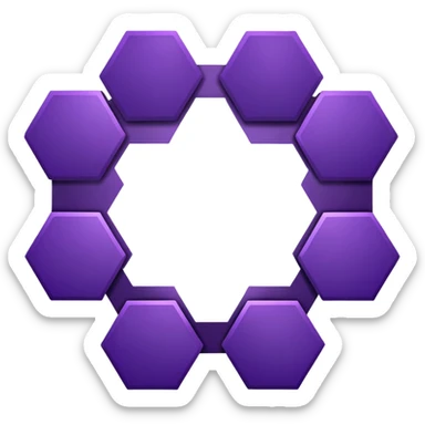 dark purple hexagon with a line going out from each corner, surrounding it on each side with a bit of space between them are elongated hexagons that surround the middle one to make a circular shape. the outside hexagons alternate between dark purple and light purple. sticker