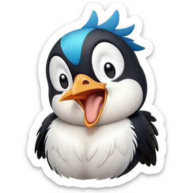 Cinematic Cute Yawning Magpie Portrait Emoji, Head tilted slightly with a dramatic, wide-open yawn, showcasing a sleek, contrasting feathered form with softly drooping wings and sleepy, half-closed eyes, Simplified yet irresistibly adorable features, highly detailed, glowing with a soft, cozy urban glow, high shine, relaxed yet expressive, stylized with a dash of whimsical charm, soft glowing outline, capturing the essence of a drowsy yet affectionate magpie that appears ready to stretch out for a nap! sticker