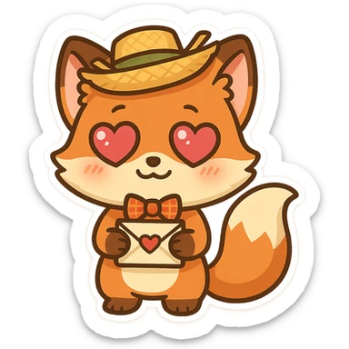 cute cartoon-style fox mascot wearing a festive festa junina outfit, holding a love letter in her paws, big sparkling heart eyes, shy happy expression, orange with white belly and fluffy tail, cheerful character, emoji-like proportions, minimal or transparent background sticker