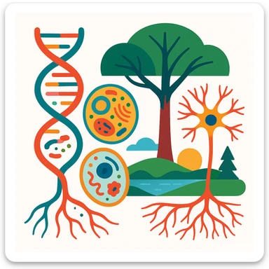 A realistic biological illustration (like in a school book) showing: DNA strands transitioning into a tree, cells with visible organelles, neurons connected to plant roots  and a balanced ecosystem background . Seamless integration, no labels or borders, complete white background (not off white!), detailed but minimalist.  sticker