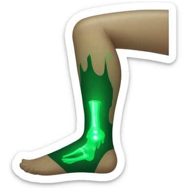 A leg in a cast glowing green from radiation  sticker