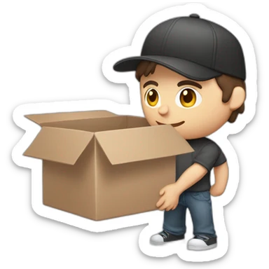 Pale skinned fit Man with dark brown hair in a black cap, gray jeans and brown polo T-shirt keeping a pasted with tape white box into his hands sticker
