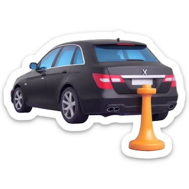 black luxury car with a visible dent, hammer and rod forming an X on the rear right corner, reflection lamp above rear illuminating damaged area, elegant and modern sticker