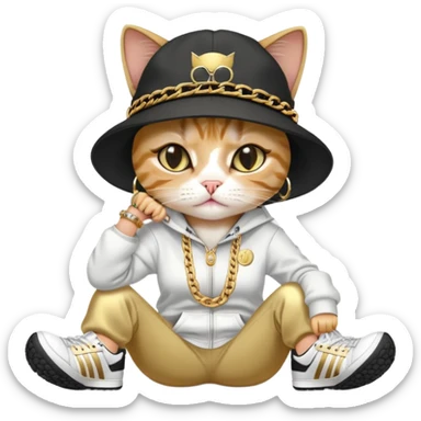 female cat lying horizontally on the ground, crying, dressed like Run DMC with tracksuit, fedora, Adidas shoes, lots of gold chains, rings, bracelets, earrings, no sunglasses sticker