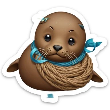 Realistic Seal Stauck with his head in a fishing yarn in the ocean, with plastic floating around sticker