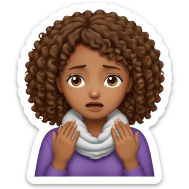 Medium  dark skin tone curly brown hair girl with her hands around her neck crying  sticker