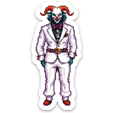 full-body demonic clown in a white leisure suit with bellbottom pants, bald, with black ram horns, flashy belt, ruffled shirt, no neck tie, large fangs in mouth sticker