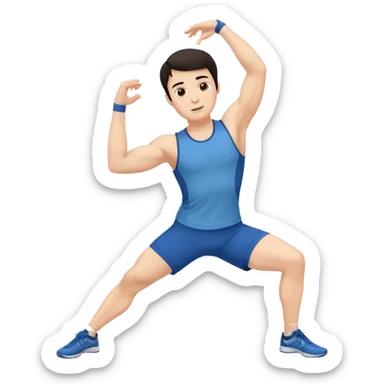 Hombre blanco pelinegro haciendo ejercicio de estiramiento, calentamiento sticker