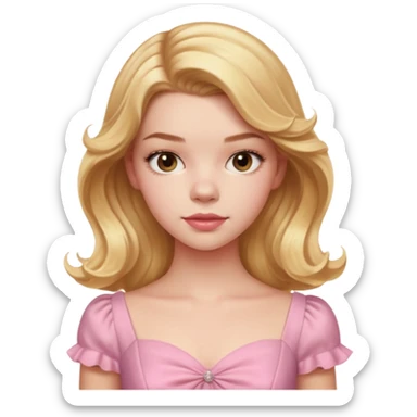 Cinematic Realistic Anya Taylor Joy Portrait, depicted with lifelike skin texture, subtle rosy undertones, and soft natural lighting that enhances the sweet blush contours of her face. Her intricately detailed golden blonde hair is elegantly wavy, and pink dress corquette sticker