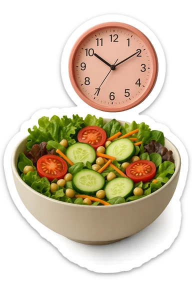 bowl con insalatona e orologio da muro rosa che le fluttua dietro che simboleggia una cena fatta in ritardo iperrealistici sticker