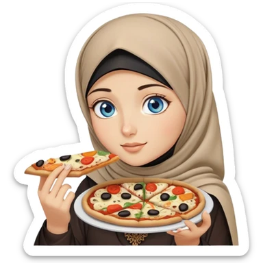 Turkish beautiful finish Konya girl blue eyes with beige and black hijab islamic dress and eating with her hand a slice of vegetable pizza  sticker