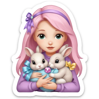 woman hugging baby rabbits with ribbons and crystals sticker