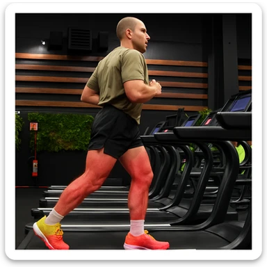 Maintain the realistic style of the man as in the photo, but modify only the legs to appear reddened and inflamed to show muscular and joint overload. Keep the rest of the body unchanged. The style should remain realistic. sticker