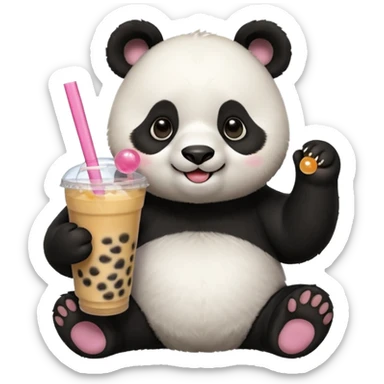 A panda drinking bubble tea, excited about the toppings, portrait, bust up sticker