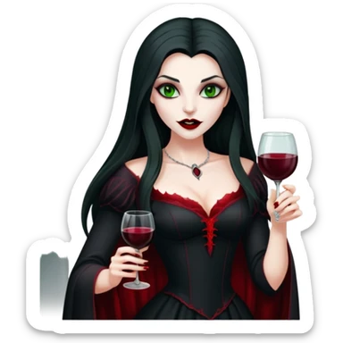 A beautiful vampire countess in a black dress with neat fangs and blood on her lips in her hands a glass of red wine. The Countess is very slim with long dark hair and green eyes sticker