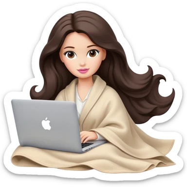 Barbie girl with a long wavy dark brown hair in pale beige clothes inside a pale beige blanket working macbook  sticker