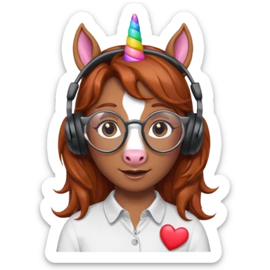 headphone wearing unicorn with dark ginger hair and heart shaped spectacles sticker