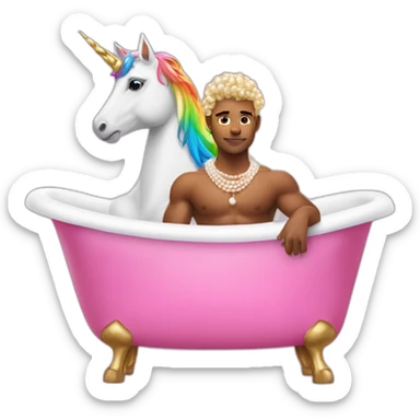 Posh-muscle-boy-with-pearl-necklace-and-rainbow-unicorn-hair-in-golden-bathtub sticker