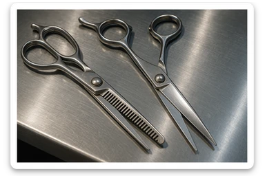 A set of professional barber scissors lies on a stainless steel workbench, gleaming under the bright lights. The blades are sharp and precise, with smooth handles showing signs of frequent use, ready for the next cut sticker