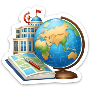 An icon featuring a hotel building, and a globe, symbolizing the scientific study of tourism and hospitality. The design includes a map, a compass, and a checklist, representing travel planning and service management. Transparent background highlights the academic exploration of the tourism industry sticker