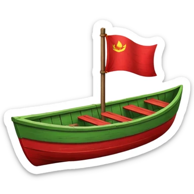 green boat in cartoon having a small place to live and a small red flag on it sticker