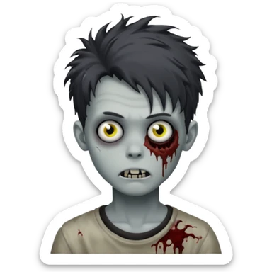 Zombie Boy with black large messy hair and teenager aparience, black background sticker