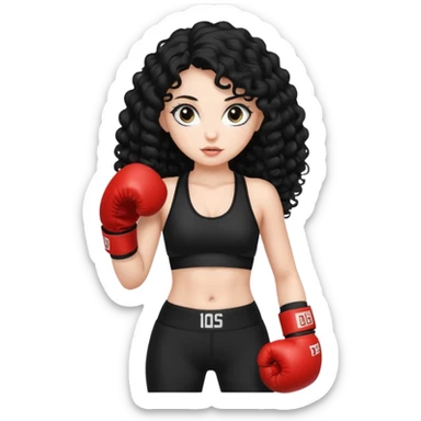 girl with fair skin, long black curly hair and big eyes, wear black sports bra and legging, and white boxing gloves sticker
