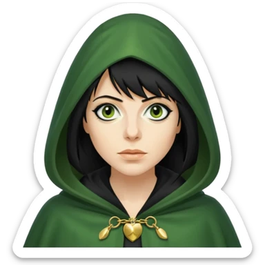 claudia winkleman as a traitor with a green hooded cloak with a gold clasp and dark strong black eyeliner sticker