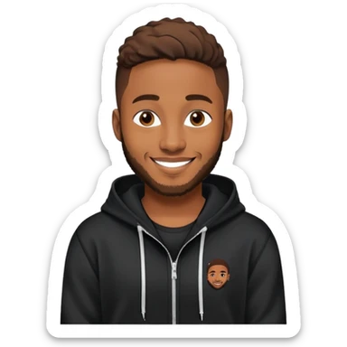 African yound man in his late 20s with a  bright smile with a short boxed beard, and a low cut hair, looking like davido the musician black hoody sticker