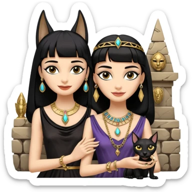 Smiling Witchy-mannered smoky-evil-eyed real Audrey Hepburn cleopatra Protecting silky black-haired tiny chained-princess-adorned statuette-scale Anubis dessert scenery stone-age cracked irregular dwelling  sticker