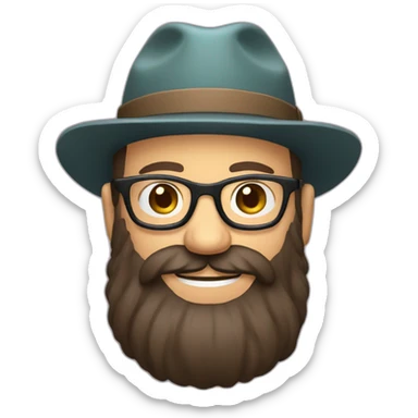 happy smile gardener face long dark beard and bald dark hair round glasses brown eyes and a hat sticker