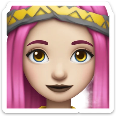 Blue eyed long eye lashes blonde  pale hime gyaru girl, hot pink and yellow split-dyed hair, nose ring, elf ears, dark makeup, punk clothes sticker