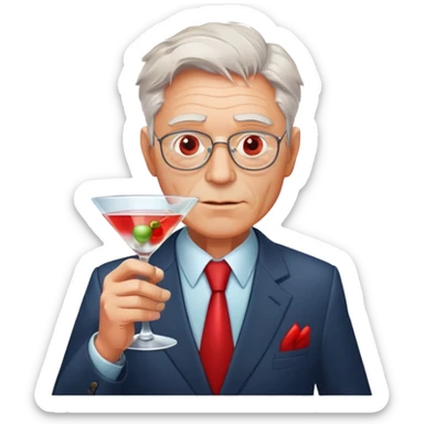 older businessman with red face holding martini glass, disheveled appearance sticker