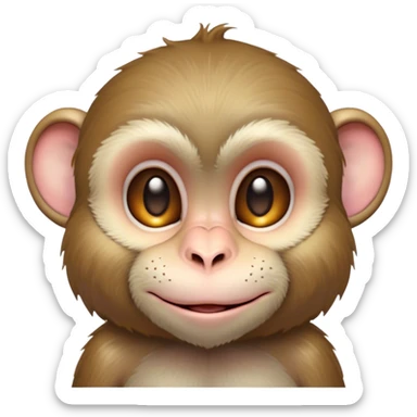 Cinematic Cute Macaque Portrait Emoji, Head tilted playfully and inquisitively, with a charmingly mischievous face accented by soft, fuzzy fur and round, sparkling eyes filled with curiosity, Simplified yet irresistibly adorable features, highly detailed, glowing with a warm, friendly glow, high shine, affectionate and lively, stylized with a touch of primate whimsy, bright and endearing, soft glowing outline, capturing the essence of a playful macaque that seems as if it could jump out of the screen into your arms! sticker