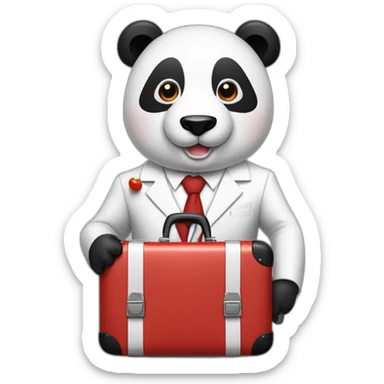 A man with white suit and red tie and a panda face eating a hotdog and holding a black suitcase sticker