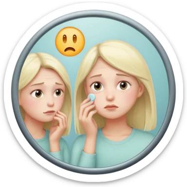 thoughtful tired woman looking in the mirror, gentle pastel tones, soft lighting, emoji style, symbolizes fatigue not ageing без кружка  sticker