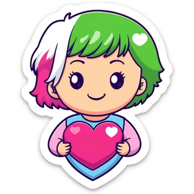 girl with pink and white hair, green eyes, smiling, holding a heart, sticker style sticker