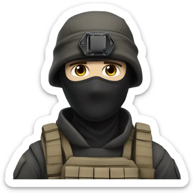 White male, call of duty black mask, camo tactical gear, tan combat boots, black beanie, blue eyes sticker
