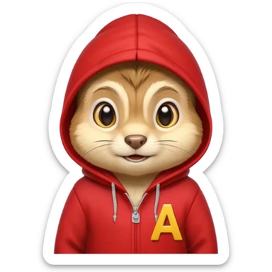 Portrait of a cartoon chipmunk with light brown and beige fur, wearing a red hoodie no zip with a yellow 'A' on it, big round eyes, small nose, and a mischievous grin, front-facing, stylized in animated movie style sticker