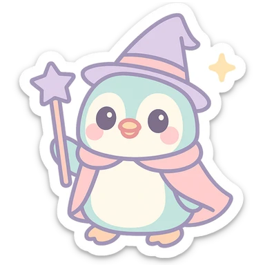 cute and whimsical penguin dressed as a wizard with a pointed hat and a magic staff sticker