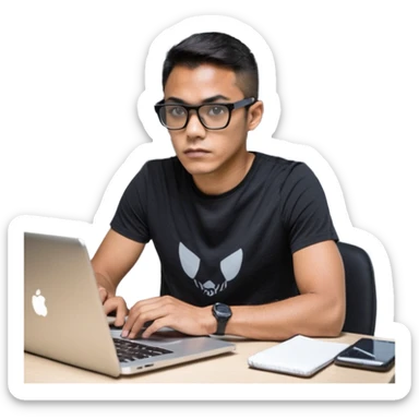 Un homme développeur de teint noir, assis à un bureau moderne avec un ordinateur portable allumé devant lui, écran affichant du code en exécution. Il porte une tenue casual (t-shirt sombre ou chemise simple), lunettes élégantes optionnelles. Expression concentrée, lumière douce venant de l’écran.  sticker