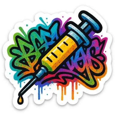 graffiti style emoji of a syringe with a graffiti tag background sticker