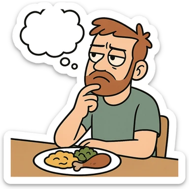 cartoon person with a food plate, hand on chin, pondering whether to eat, visible thought bubble sticker
