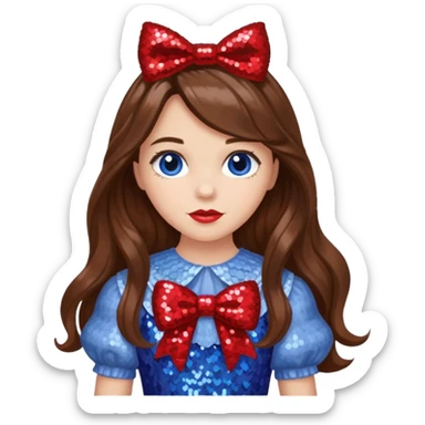 Dorothy Gale from the Wizard of Oz with long brown hair, periwinkle sequin outfit, red sequin bow sticker