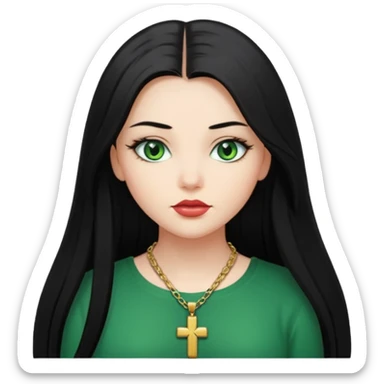 Girl, long black straight hair, green eyes, plump lips, cross necklace  sticker