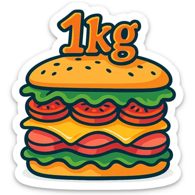 big cartoon sandwich with '1kg' in a playful, whimsical font on top sticker
