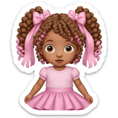 a brown skin baby with curly hair and a baby pink skirt and baby pink bows with her hair in pigtails sticker